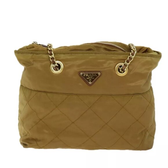 PRADA Quilted Chain Shoulder Bag Nylon Beige Auth ki4426 - Picture 3 of 16